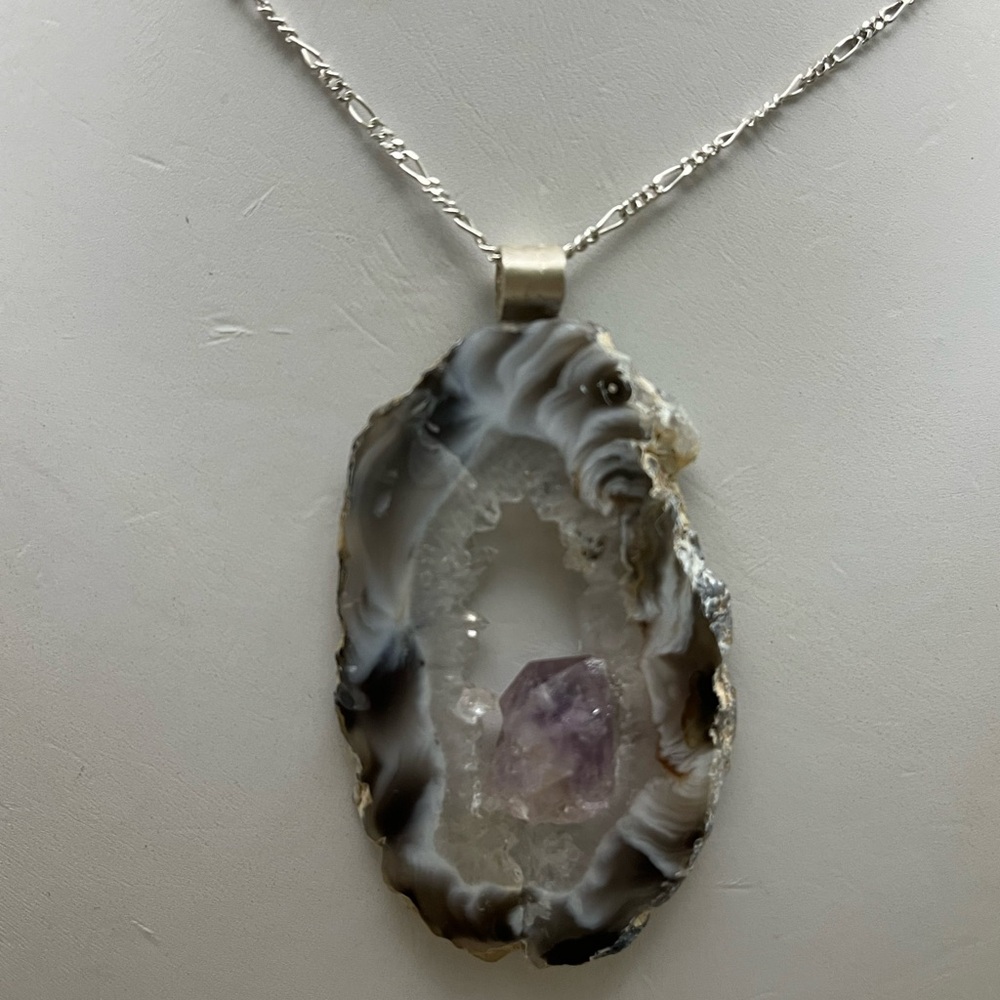 Purple and Silver Geode Banded Agate Slice Necklace - Picture 2 of 6